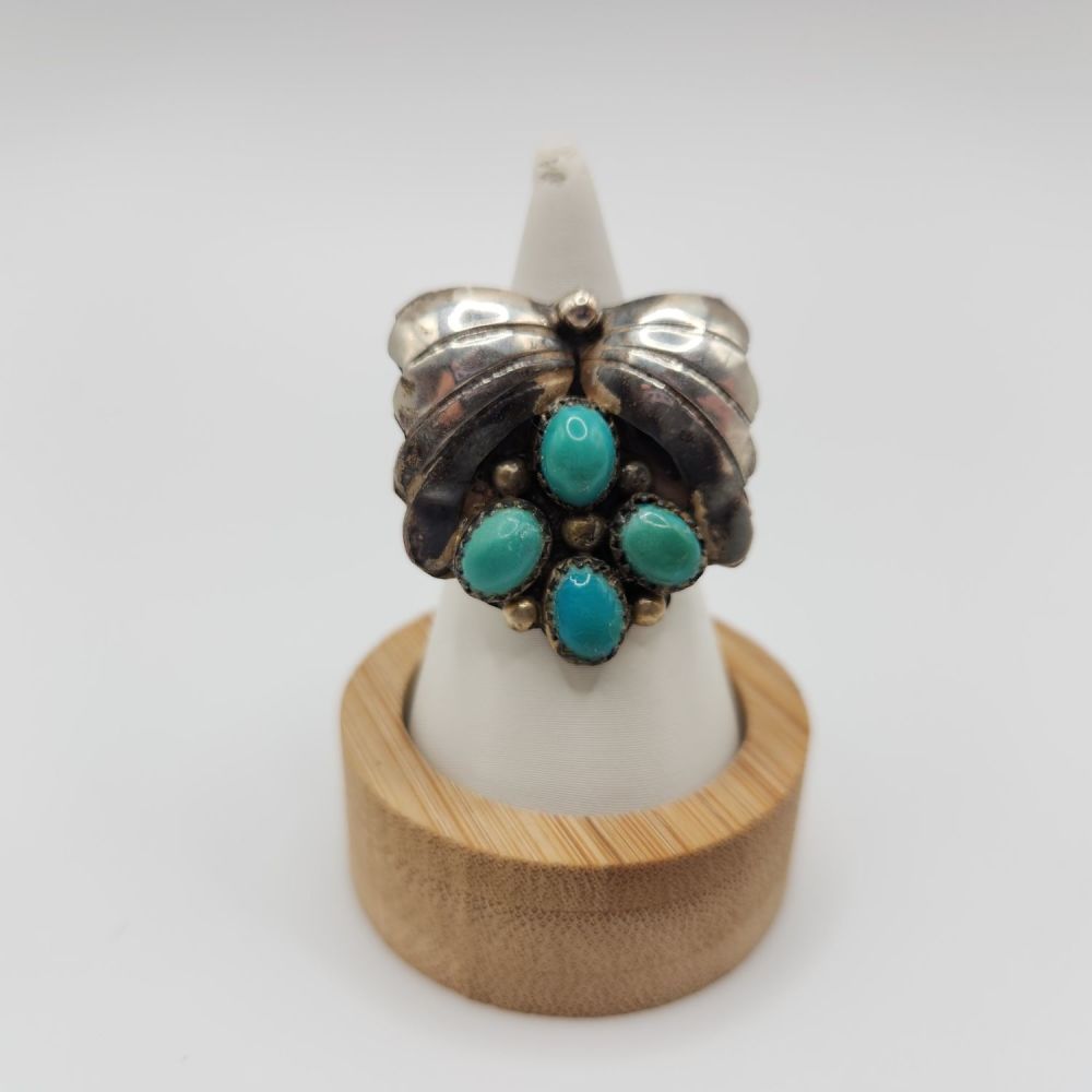 Lot 307: Sterling Turquoise Squash Blossom Ring Sz6.75, 8.4g