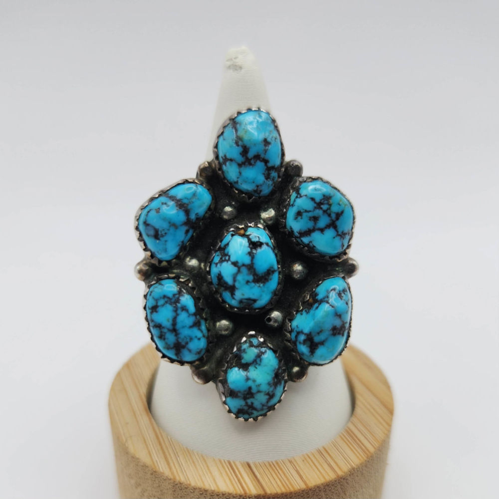 Lot 311: Large Sterling Silver Turquoise Cluster Ring Sz8