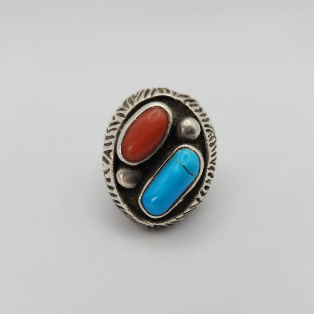 Lot 314: Big Sterling Turquoise Coral Navajo Ring 19G Sz9