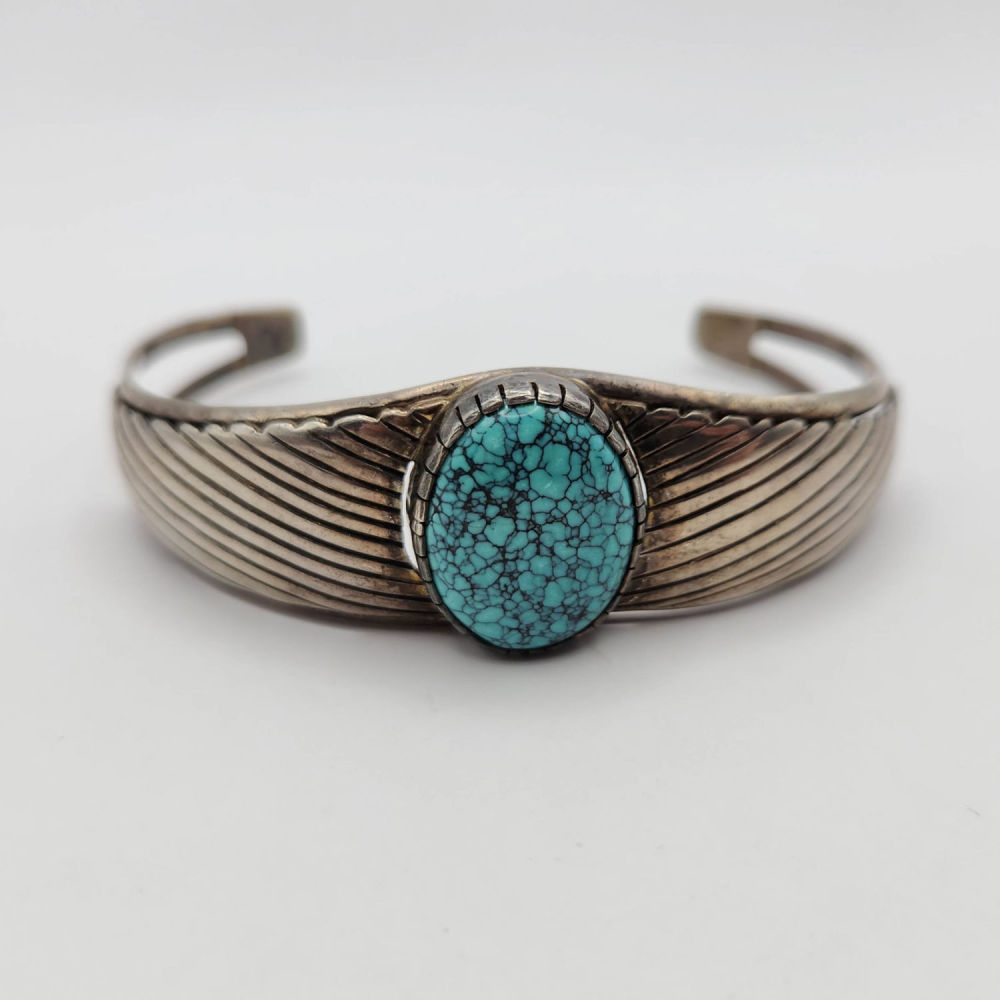 Lot 315: Sterling Signed M.A Turquoise Cuff Bracelet 20.8G