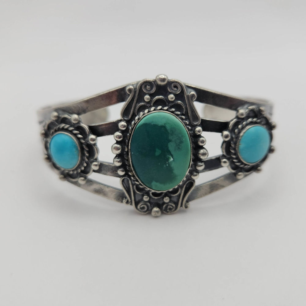 Lot 316: Sterling Native Turquoise Cuff Bracelet 38.9G