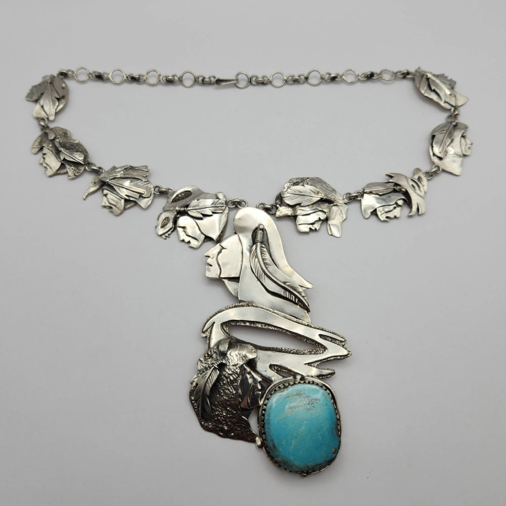 Lot 336: HUGE Dan Nieto Sterling 70ct Bisbee Turquoise Necklace 207g