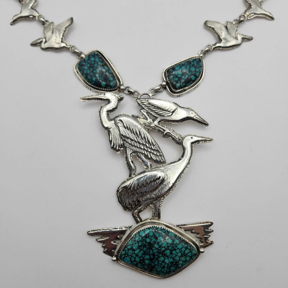 Lot 337: HUGE Dan Nieto Saddleback Mountain Turquoise Heron Necklace