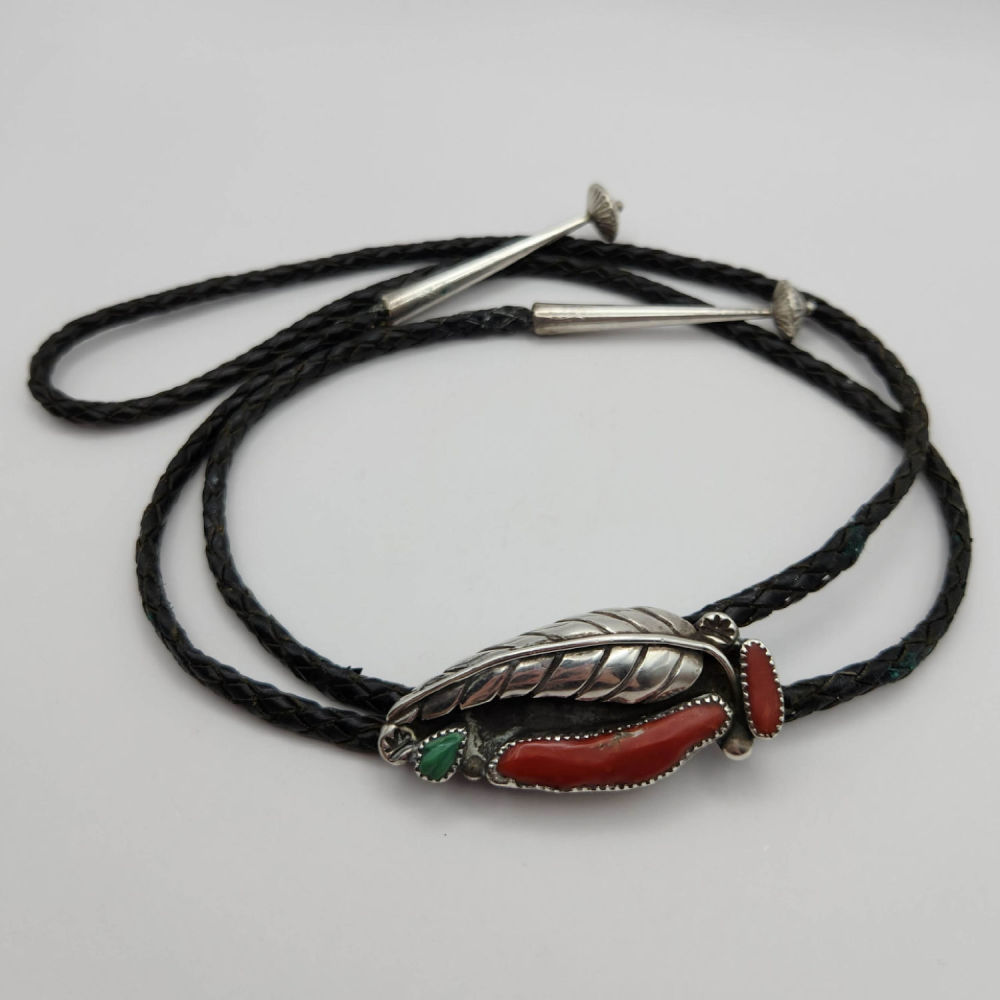Lot 359: Sterling Turquoise Coral Bolo Navajo 30.5g TW