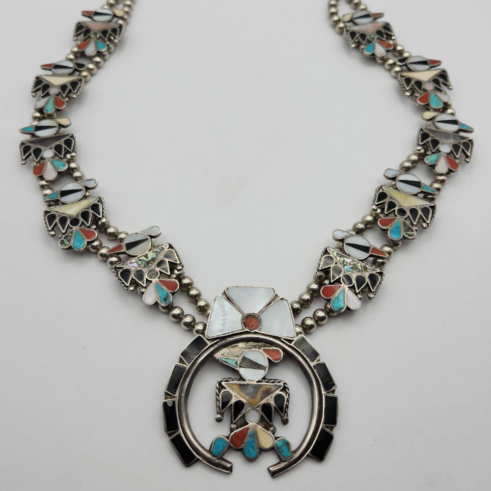 Lot 373: Sterling Zuni Inlay Bird Squash Blossom 169g