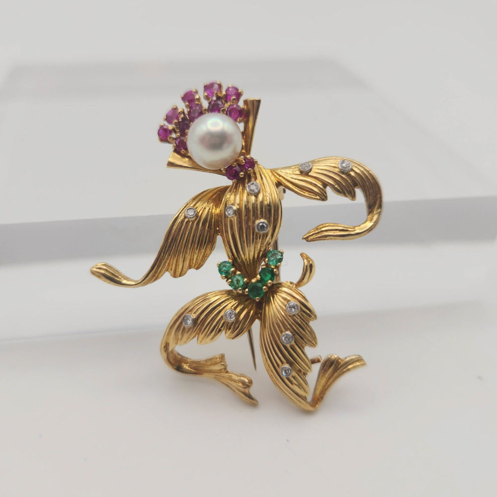 Lot 374: Van Cleef & Arpels Pearl Ruby Emerald Diamond Brooch 10.3g