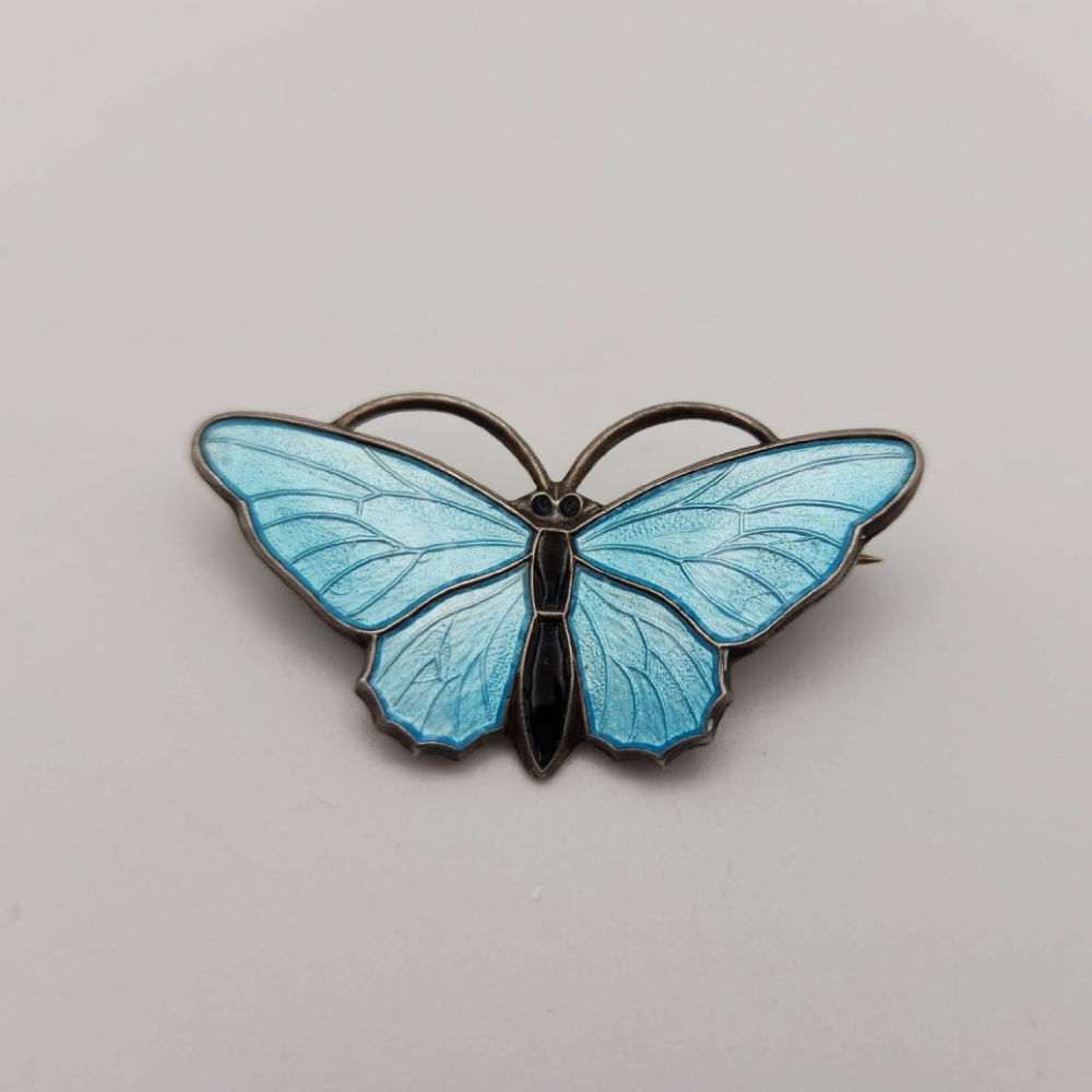 Lot 399: Aksel Holmsen Norway Sterling Guilloche Enamel Butterfly Brooch 4.7g