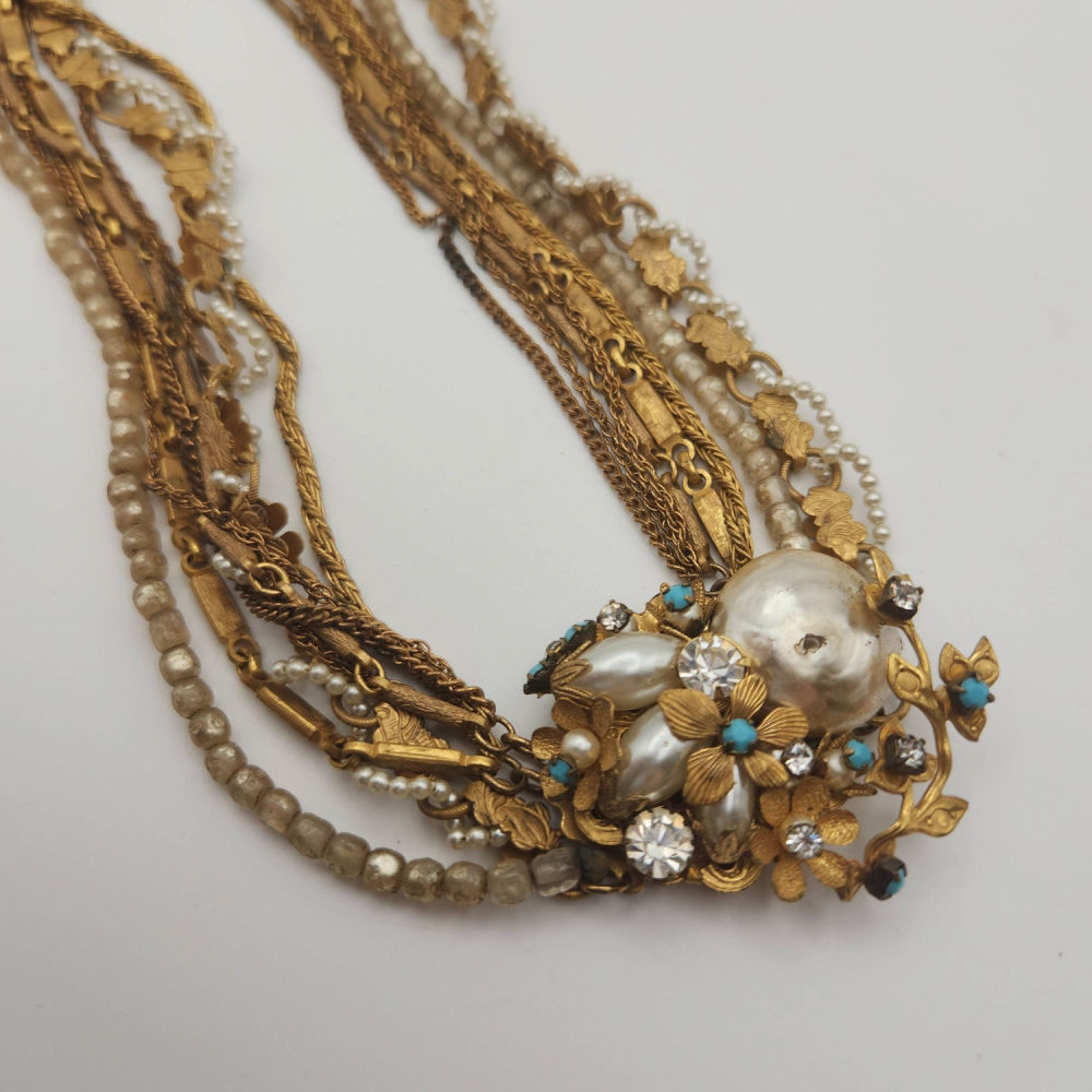 Lot 426: Vintage Miriam Haskell Baroque Pearl Faux Turquoise Multi Strand Necklace As-Is