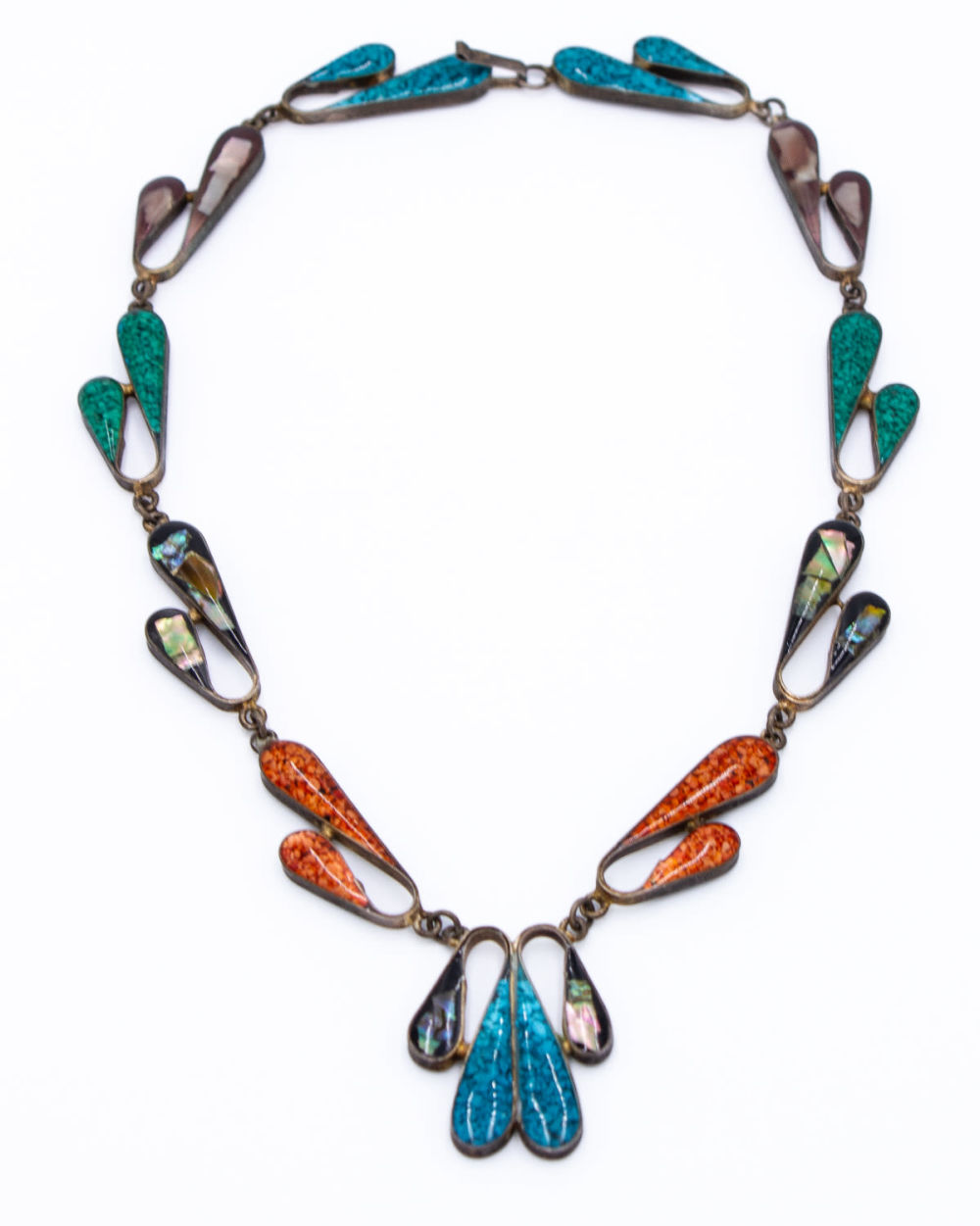 Lot 160: Vintage Alpaca 2 Sided Necklace Onyx, Coral, Turquoise