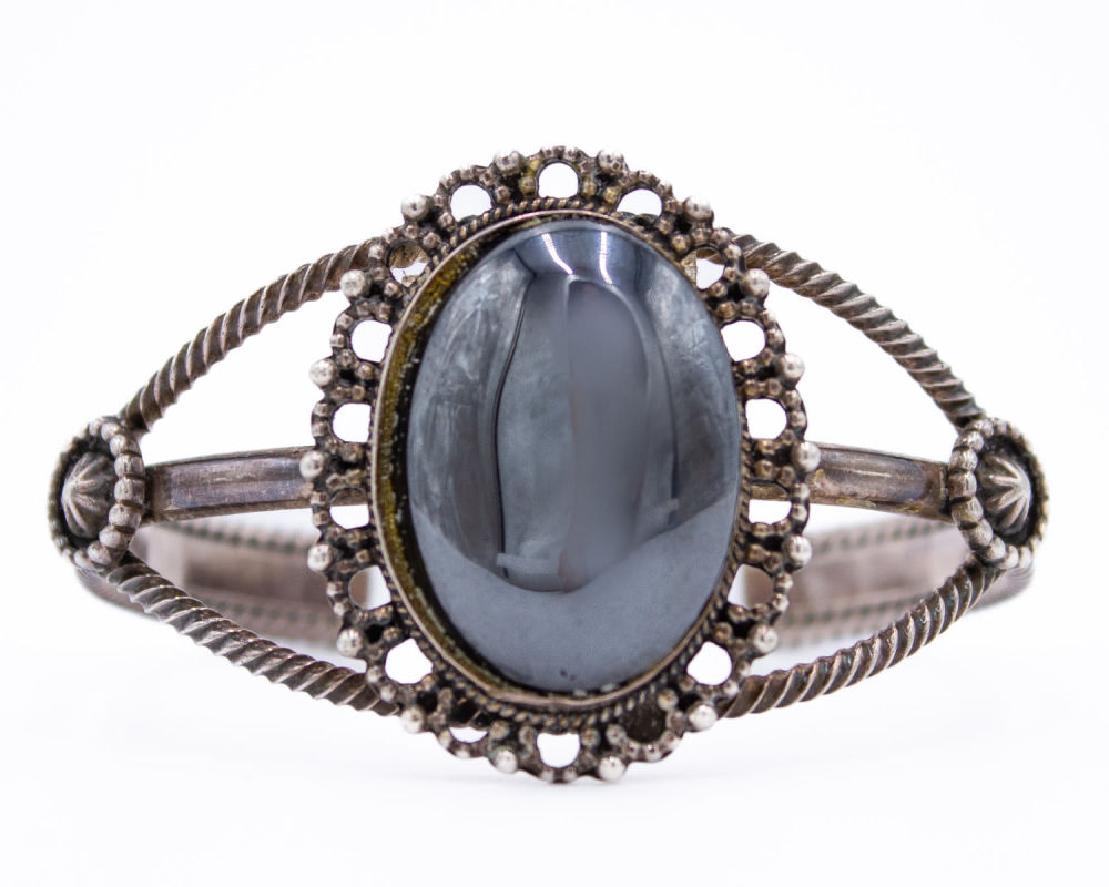 Lot 161: Sterling Running Bear Hematite Cuff Bracelet