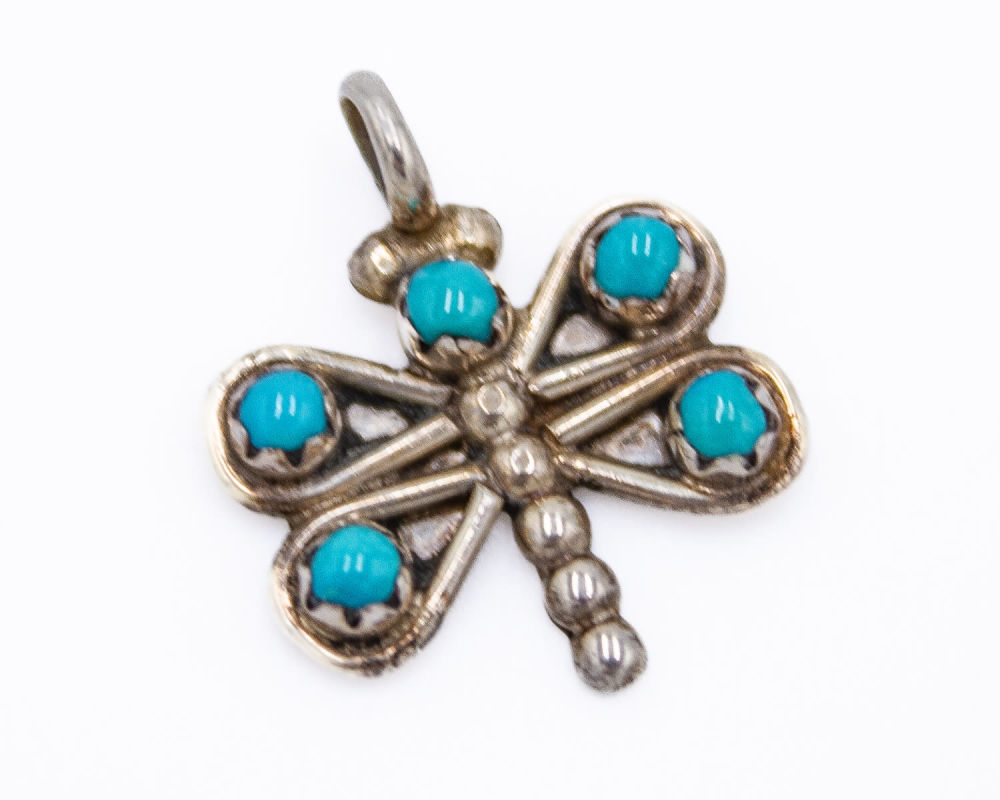 Lot 164: Sterling Zuni Snake Eye Turquoise Dragonfly Petite Pendant