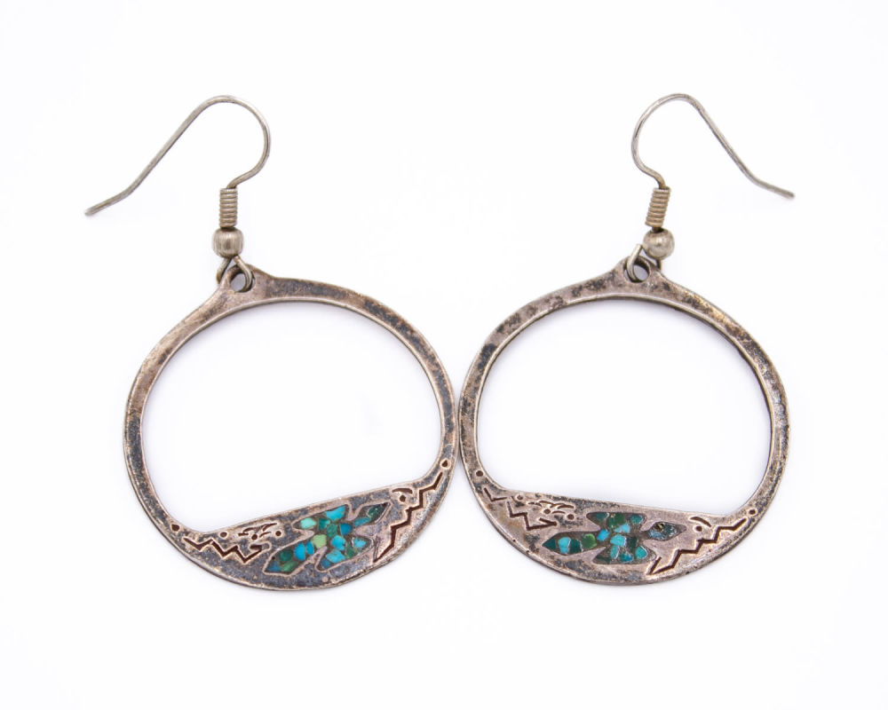 Lot 169: Sterling Native Turquoise Chip Bird Earrings