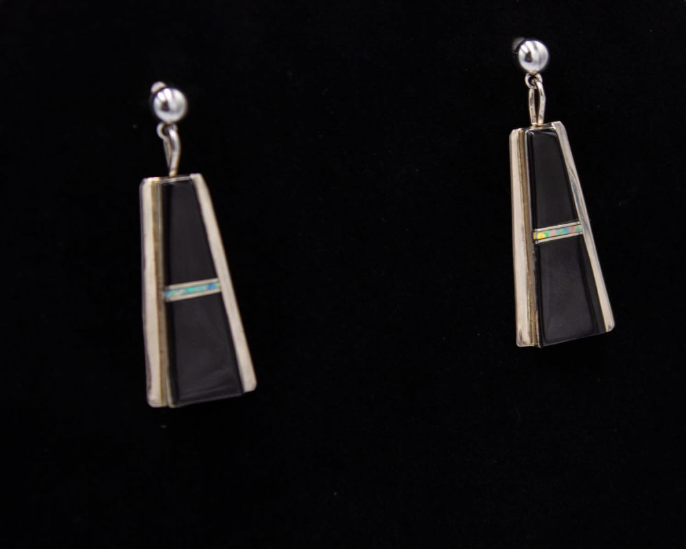 Lot 198: Sterling Zuni “BP” Onyx Opal Earrings