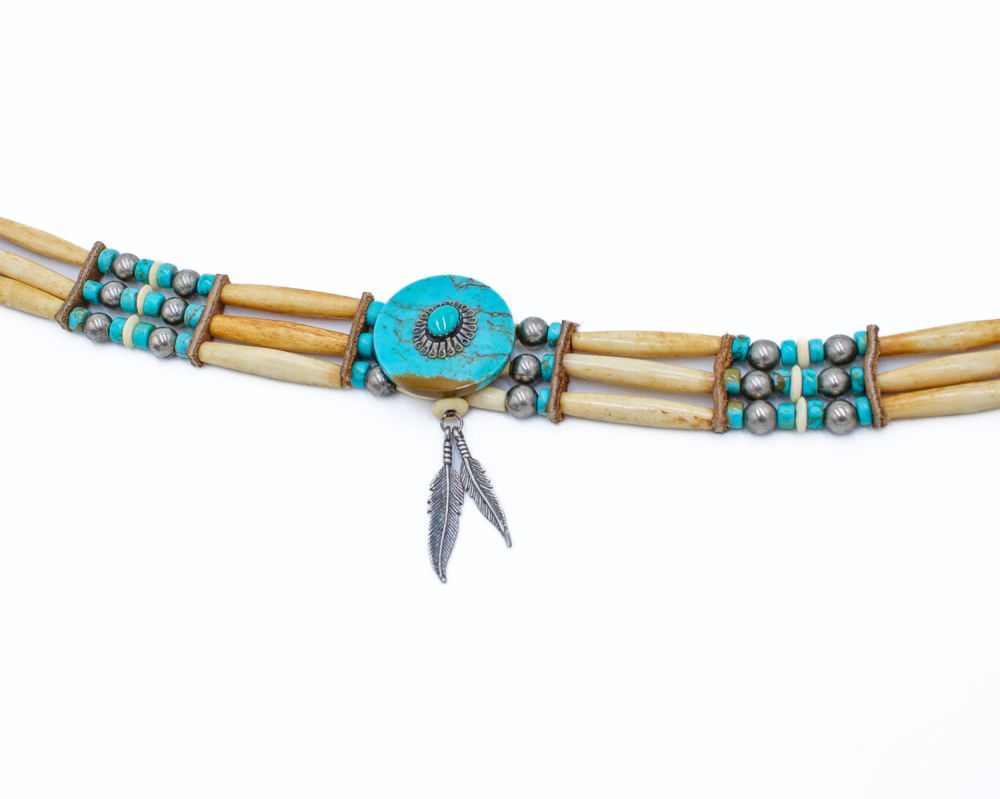 Lot 224: Quality Bone, Leather, Sterling Turquoise Necklace