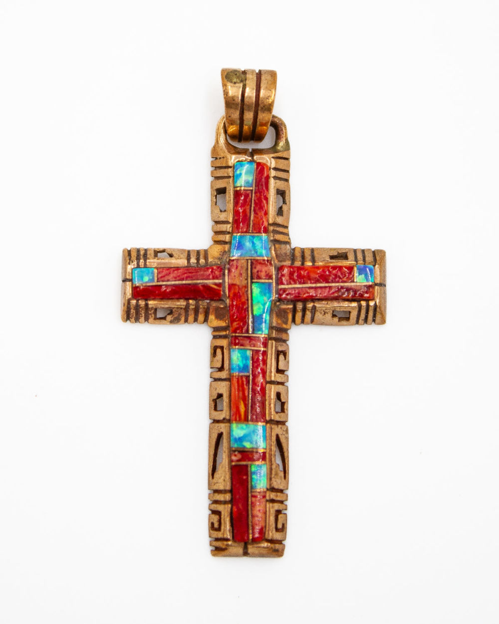 Lot 337: Opal and Coral Inlay Cross Set in Bronze Signed “OP”