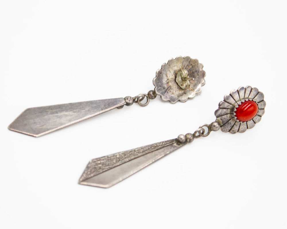 Lot 351: Sterling Silver Coral Navajo Dangle Earrings