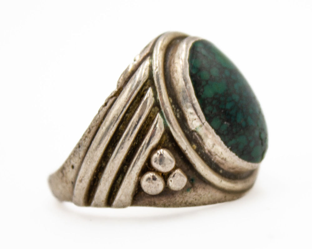 Lot 358: Sterling Signed Navajo Dark Turquoise Ring Size 9
