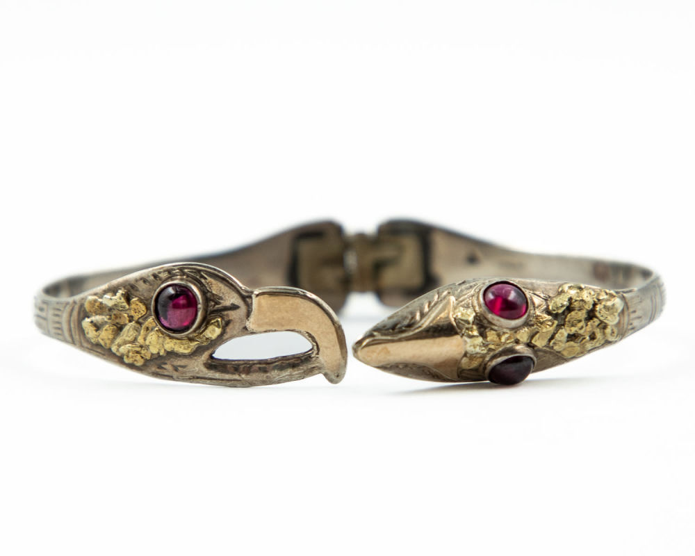 Lot 569: 14k Gold Sterling Garnet Eagle Snake Hinge Bracelet