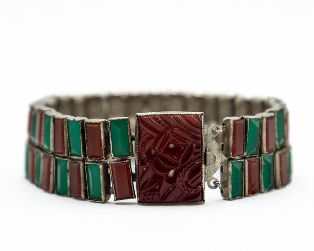 Lot 600: Czech Green/Red Signed Bracelet, Carved Clasp