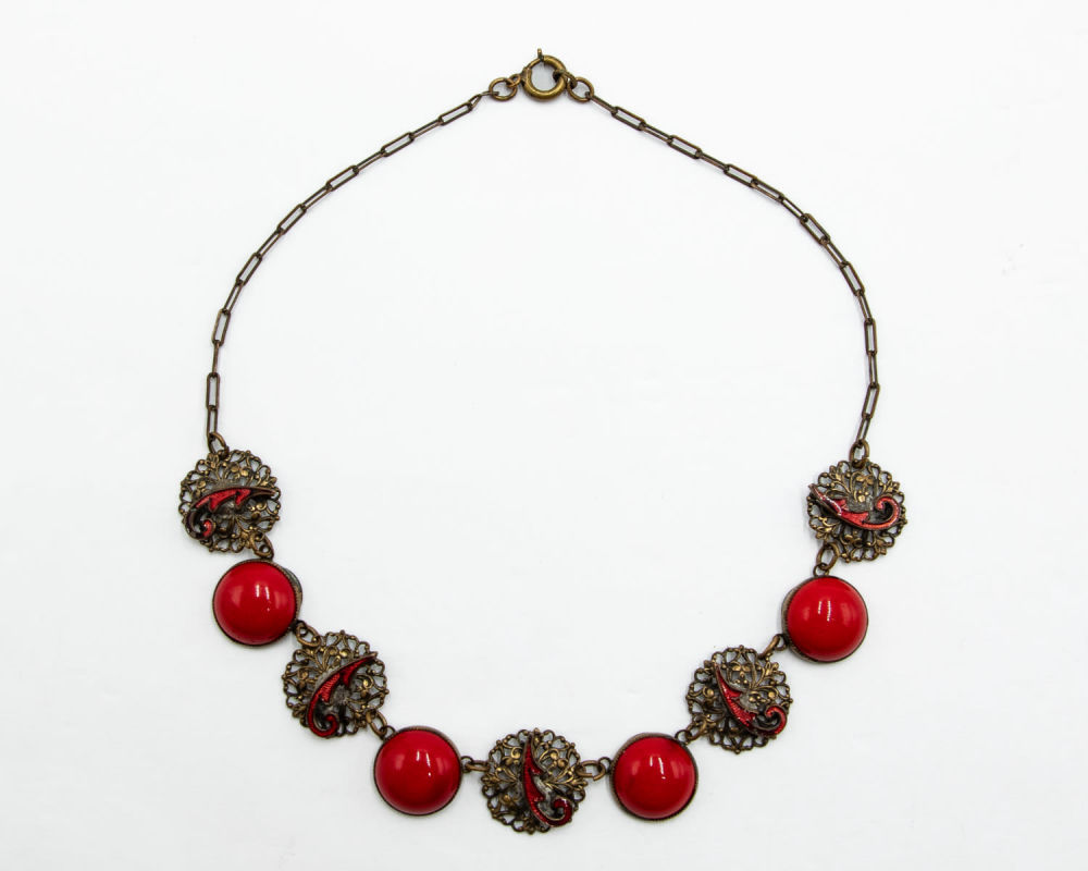 Lot 614: Czech Red Cab Necklace Enamel Wave As Is