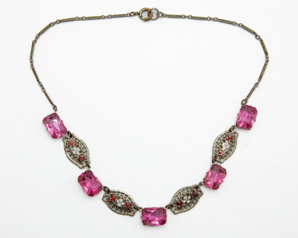 Lot 615: Incredible Czech Pink Cab White Enamel Necklace