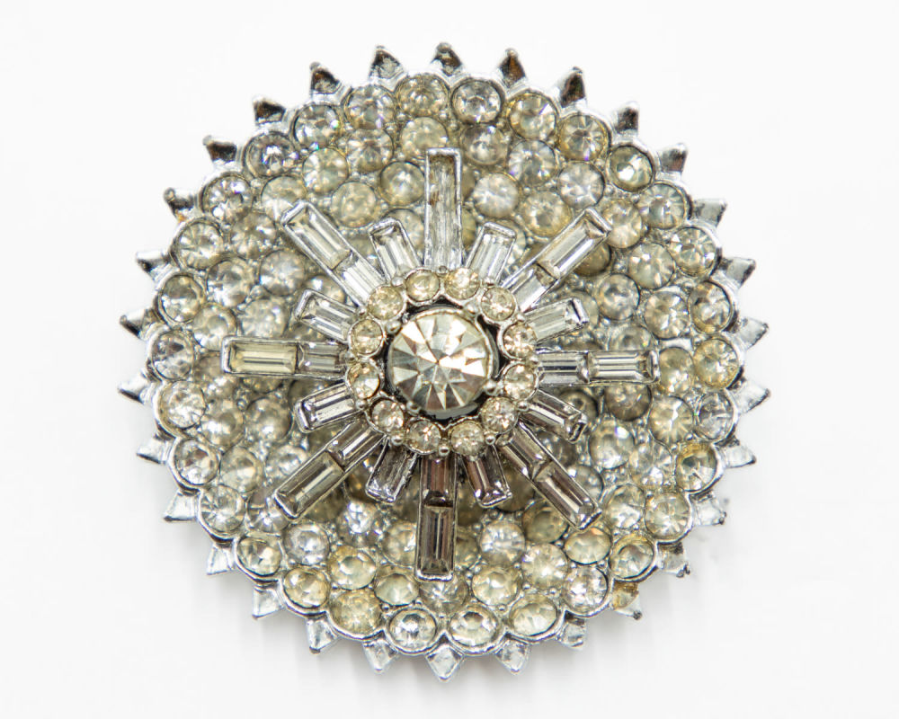 Lot 624: Heavy Designer Clear Rhinestone Multi Layer Brooch As Is