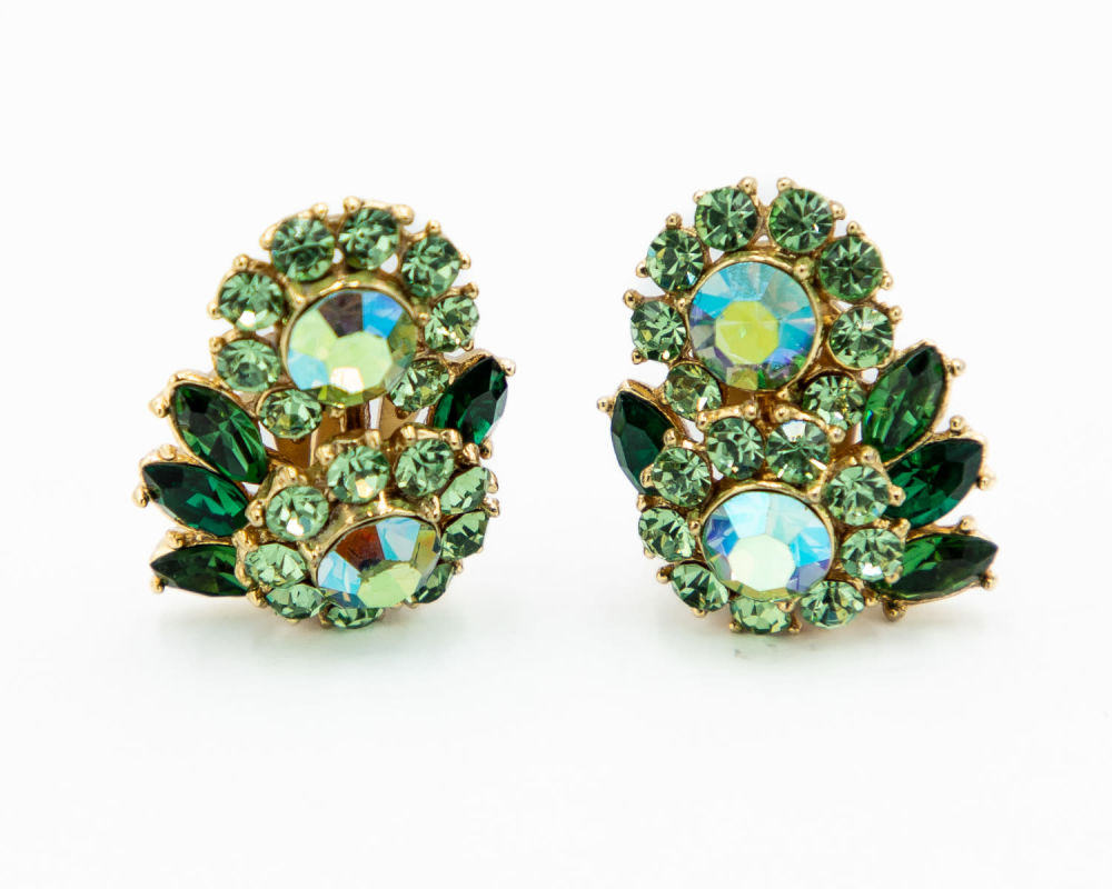 Lot 649: Trifari Green Aurora Borealis Rhinestone Earrings