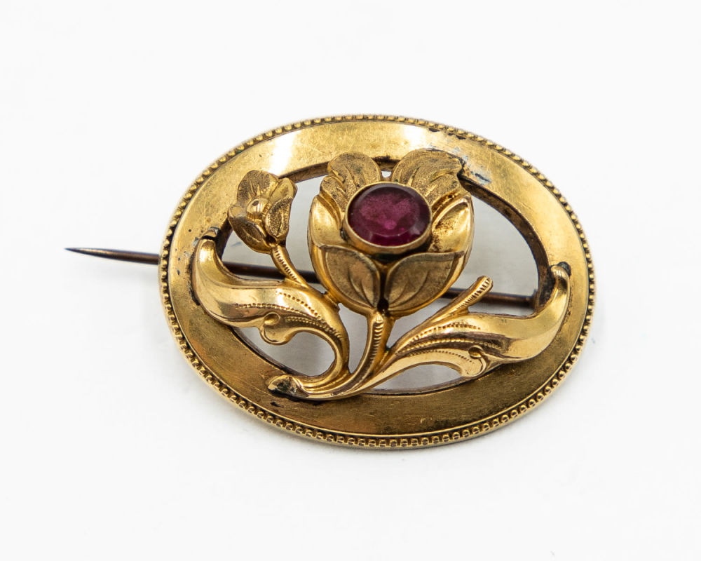 Lot 660: French Victorian 14k Gold Plated Flower Pin w/ Garnet Red Stone