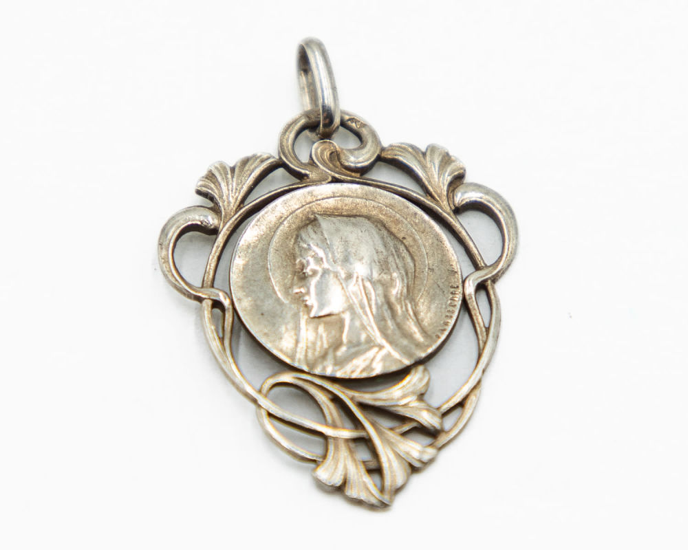 Lot 666: Gorgeous French Firmin Pierre Lasserre Antique Art Nouveau Our Lady of Lourdes Madonna Pendant with Leaf Motif Signed P. Lasserre