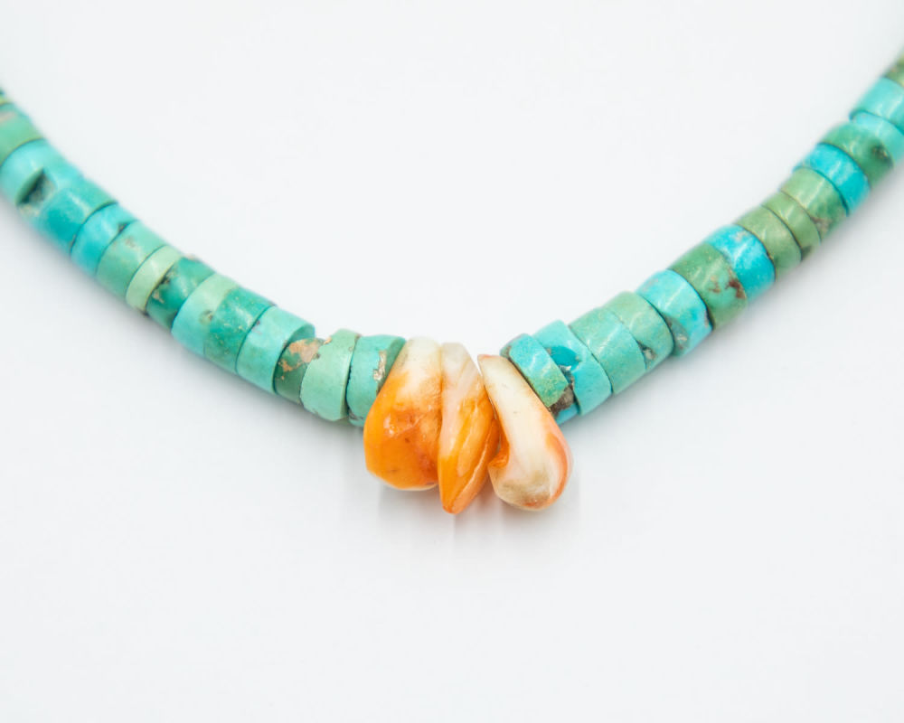 Lot 673: Santo Domingo Turquoise Coral Disk Necklace