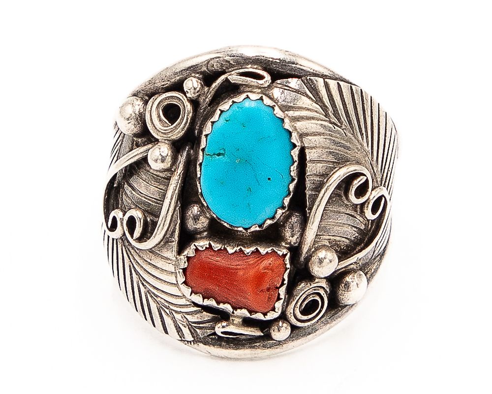 Lot 154: Vintage Navajo Sterling Turquoise Coral Ring Sz. 11.5