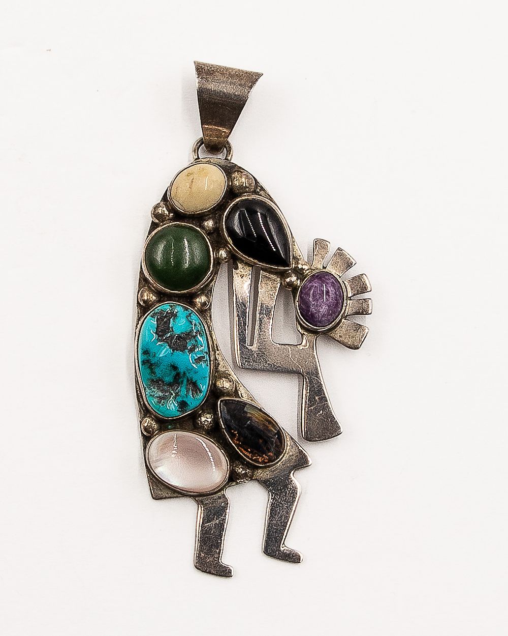 Lot 183: Emer Thompson Navajo Sterling Multi Stone Kokopelli Pendant