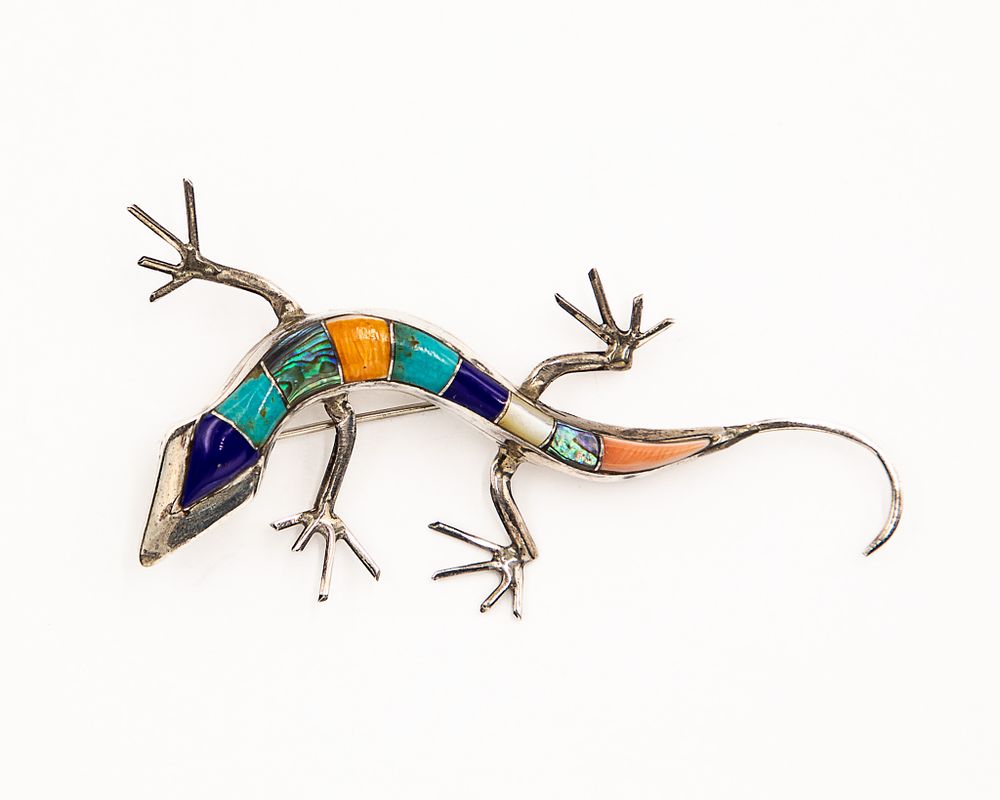 Lot 184: Zuni Sterling Lapis Abalone Turquoise Spiny Oyster Inlay Brooch Pendant