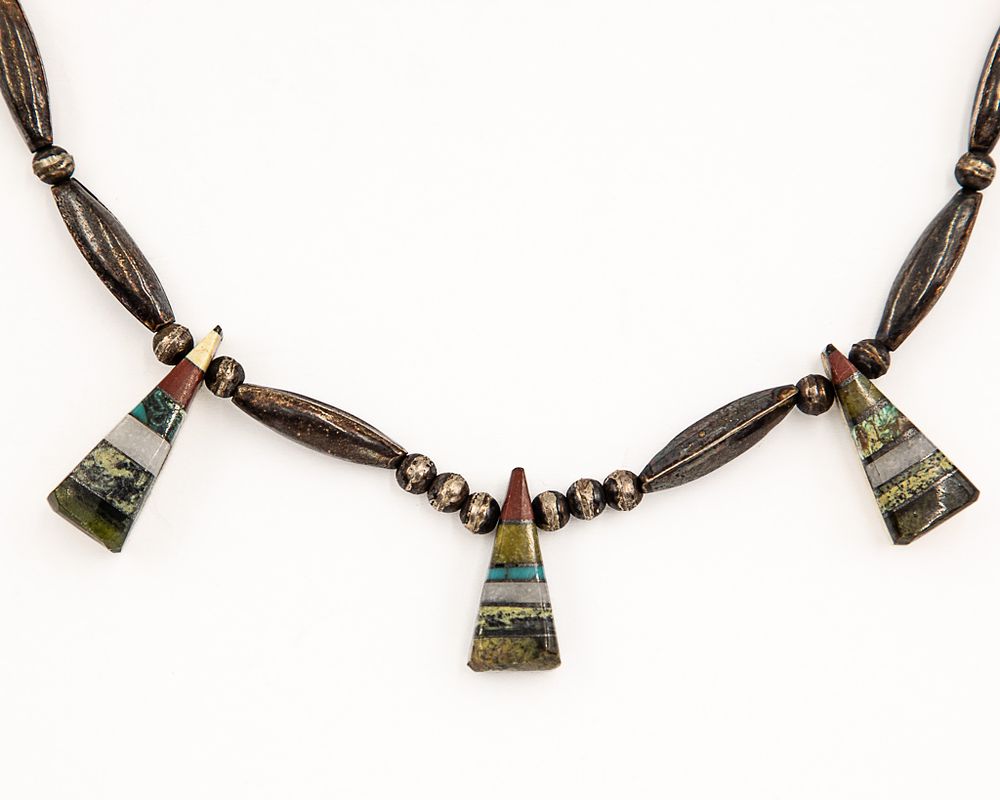 Lot 185: Santo Domingo Sterling Bench Bead Multi Stone Inlay Necklace