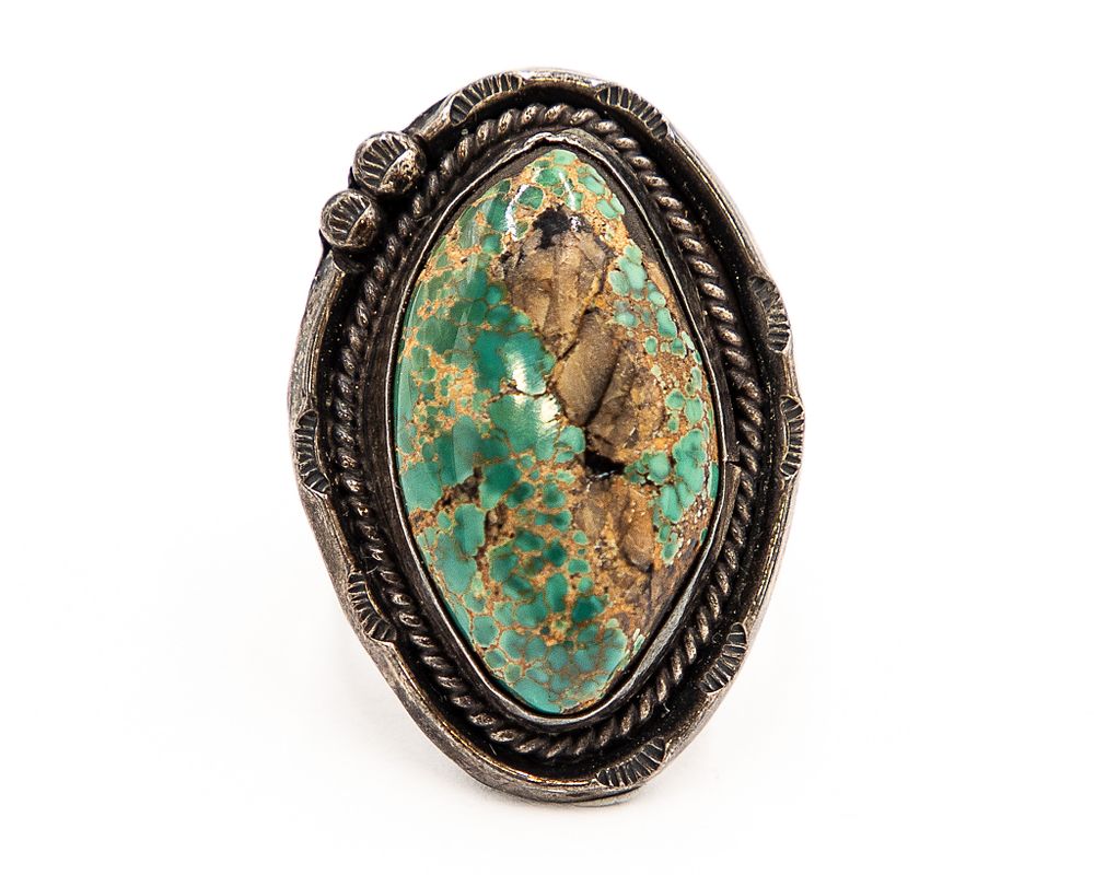 Lot 190: Vintage Navajo Sterling Green Turquoise Statement Ring Sz. 9.75