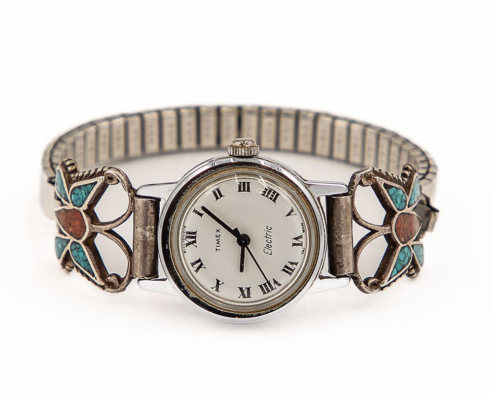 Lot 195: Navajo Sterling Crushed Turquoise Coral Butterfly Watch Cuffs/Watch