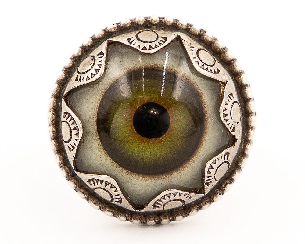 Lot 199: Alltribes Sterling Green Eyeball Statement Ring Sz. 10.5