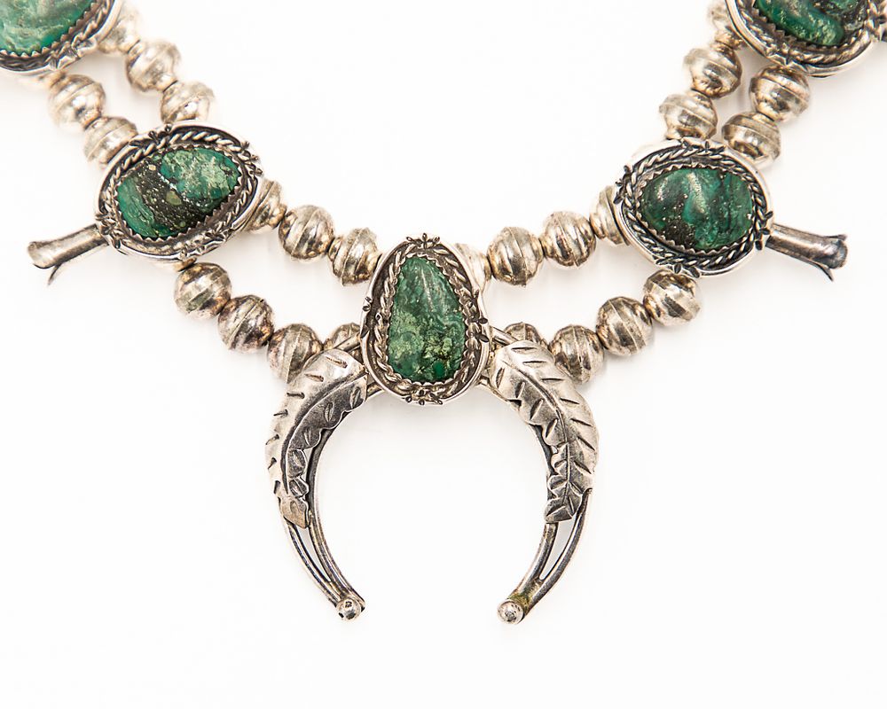Lot 201: Vintage Navajo Sterling Bench Bead Turquoise Squash Blossom Necklace