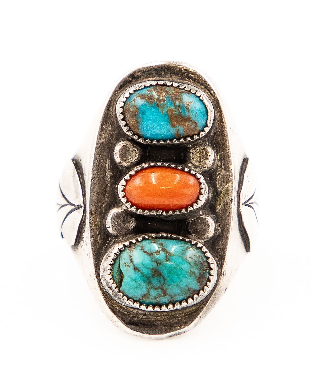 Lot 217: Vintage Navajo Sterling Turquoise Coral Stone Ring Sz. 10.75