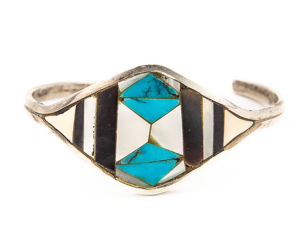 Lot 220: Signed RB Navajo Sterling Jet Mother Of Pearl Turquoise White Stone Cuff Bracelet