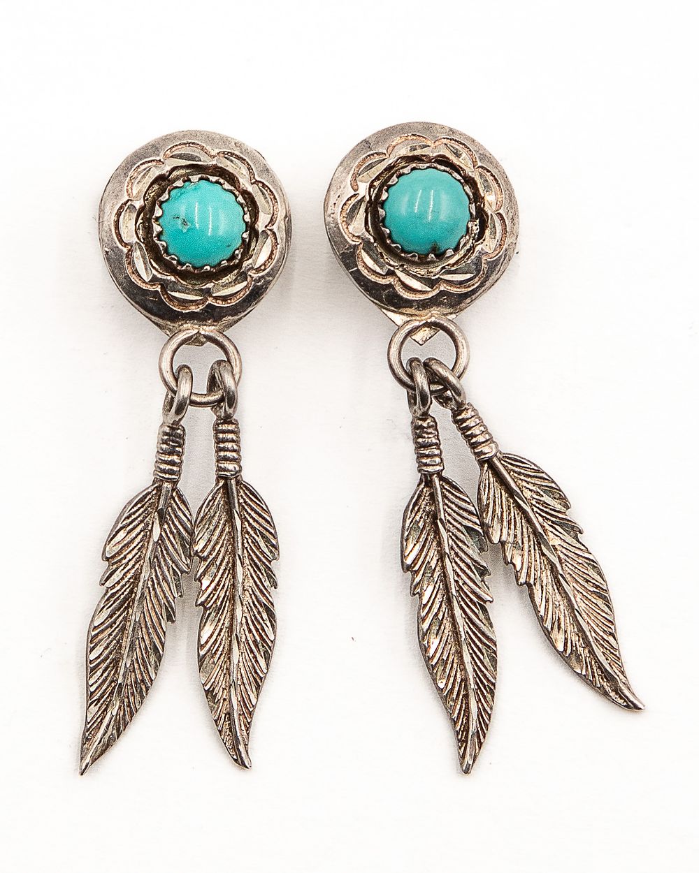 Lot 233: Jake Sampson Navajo Sterling Turquoise Feather Dangle Earrings