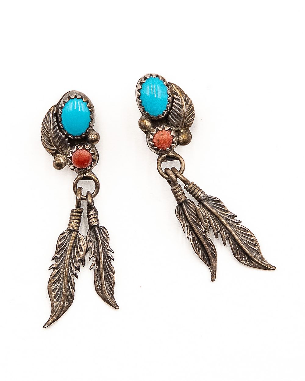 Lot 240: Richard Begay Sterling Turquoise Coral Stone Feather Earrings