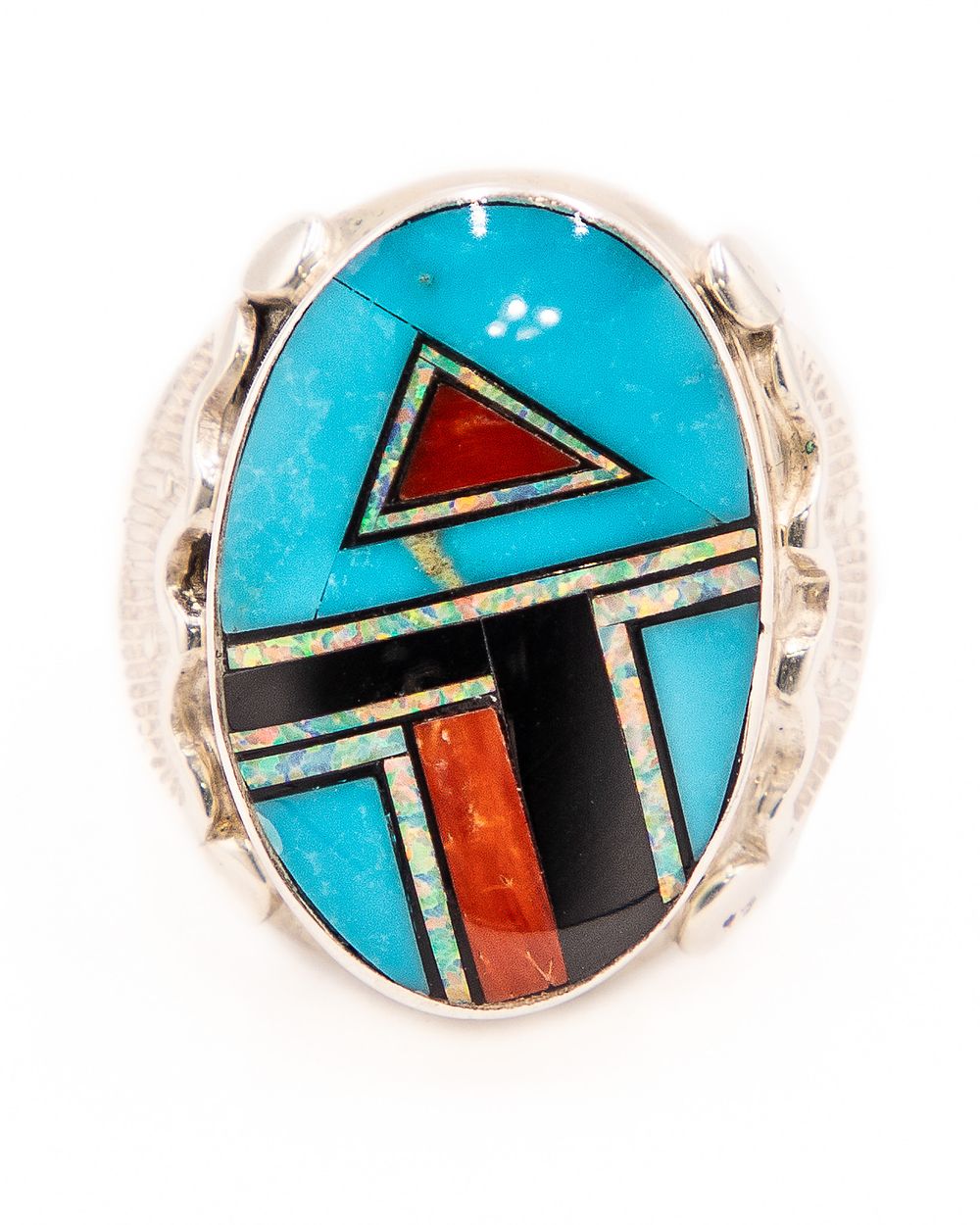 Lot 246: Signed AT Zuni Sterling Multi Stone Inlay Ring Sz. 12