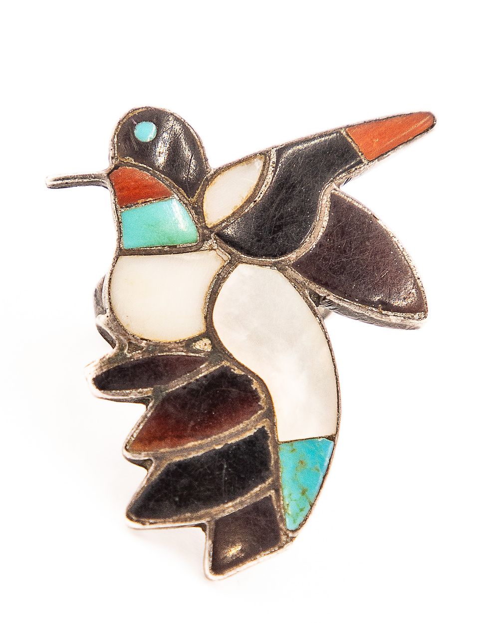 Lot 259: Bobby Corraine Shack Zuni Hummingbird Multi Stone Inlay Ring Sz. 8.5