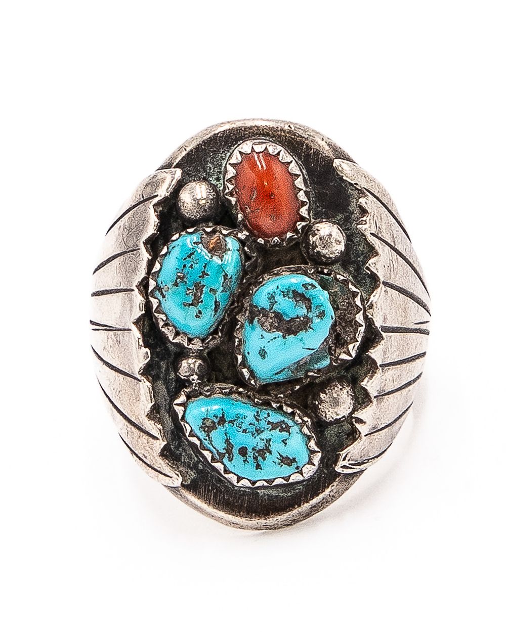 Lot 291: Vintage Navajo Sterling Turquoise Coral Stone Ring Sz. 12 As Is