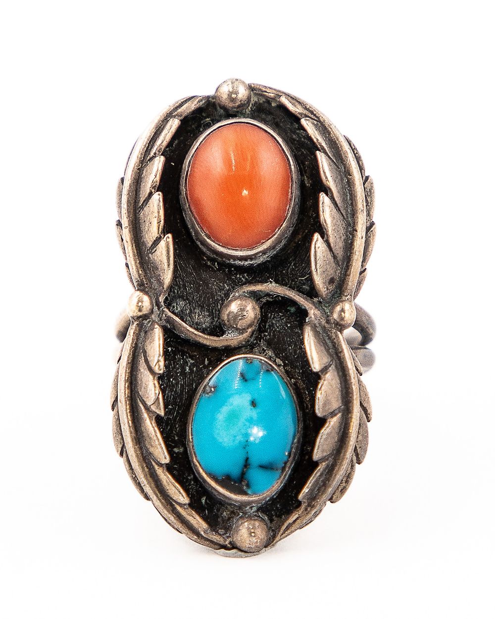 Lot 293: Vintage Signed Navajo Sterling Coral Turquoise Ring Sz. 10.75