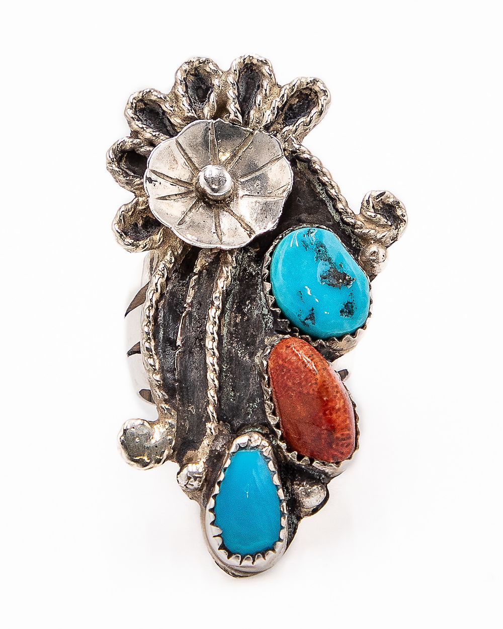 Lot 312: Vintage Navajo Sterling Turquoise Coral Ring Sz. 9