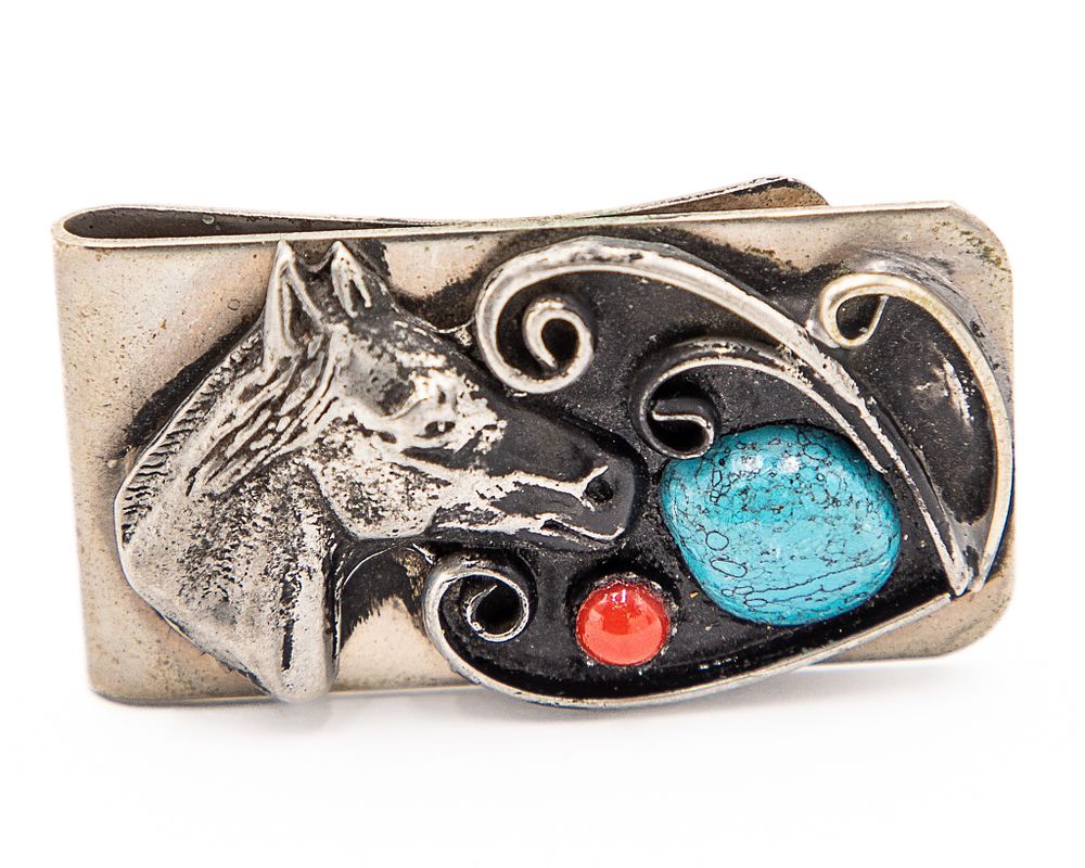Lot 317: Vintage Navajo Turquoise Snake Eye Coral Sterling Money Clip