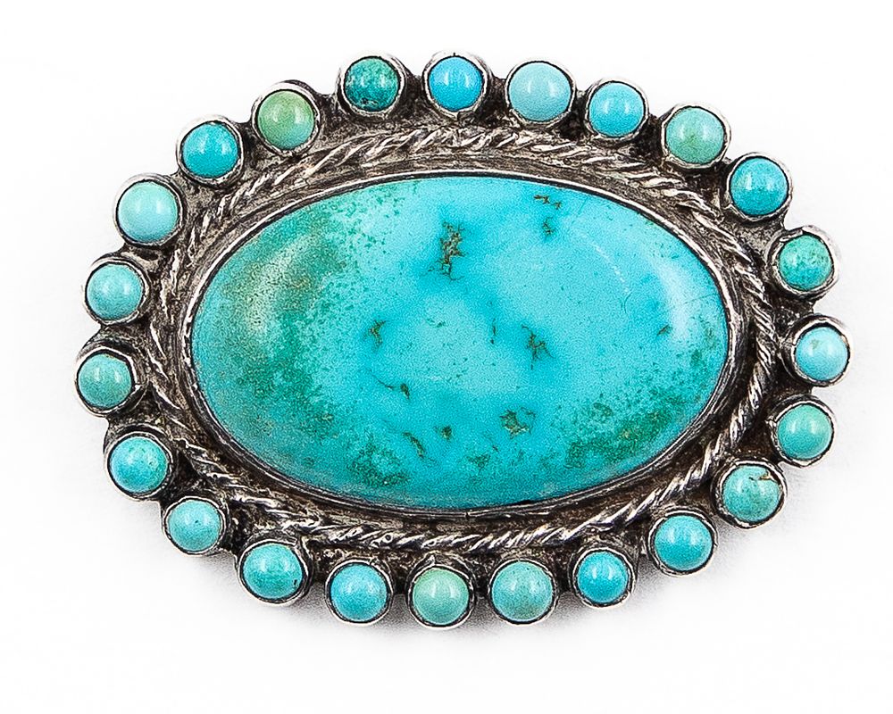 Lot 348: Vintage Zuni Oval Snake Eye Turquoise Brooch Pin