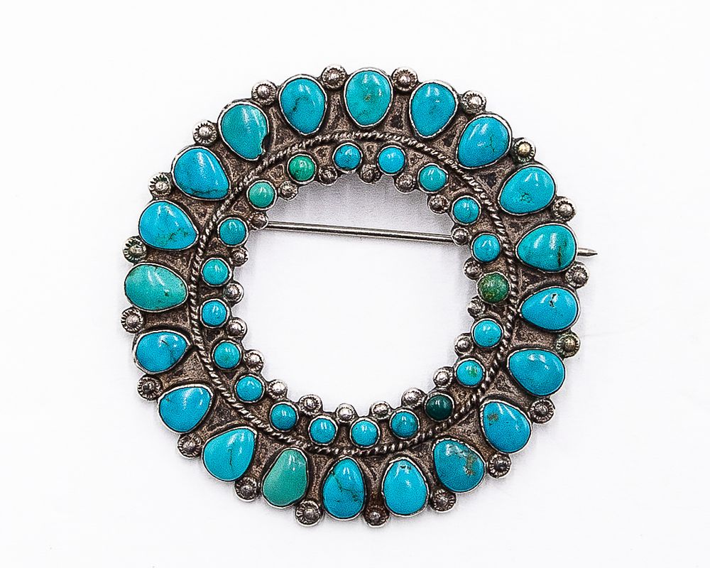Lot 350: Vintage Navajo Sterling Turquoise Cluster Brooch Pin
